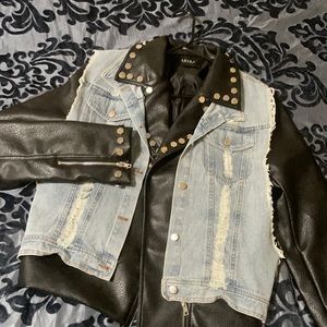Leather, denim & plaid mix jacket with silver studs